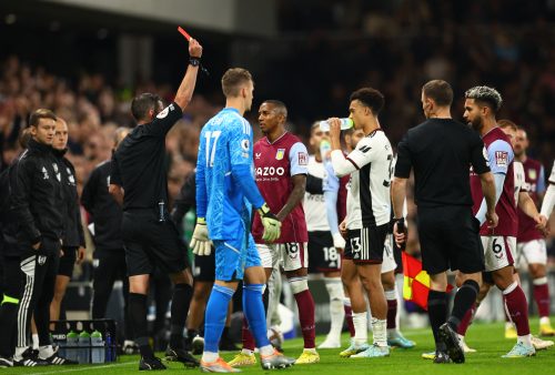 Aston Villa's Douglas Luiz is sent off v Fulham