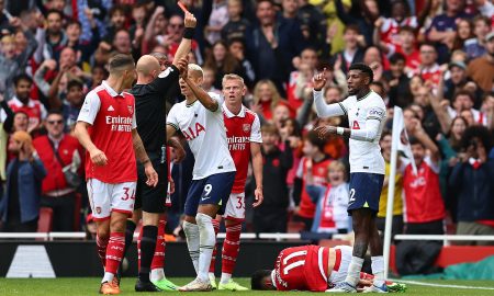 Tottenham's Emerson Royal is sent off against Arsenal