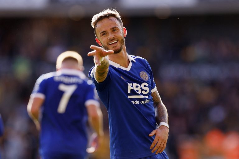 James Maddison celebrates scoring for Leicester City