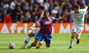 Jorginho challenges Crystal Palace's Jordan Ayew