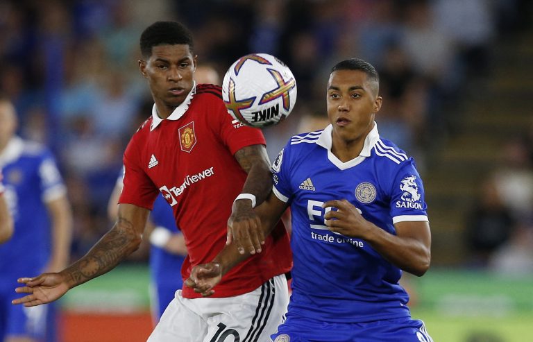Man United's Marcus Rashford vies for possession with Youri Tielemans