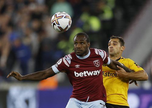 West Ham striker Michail Antonio battling against Wolves