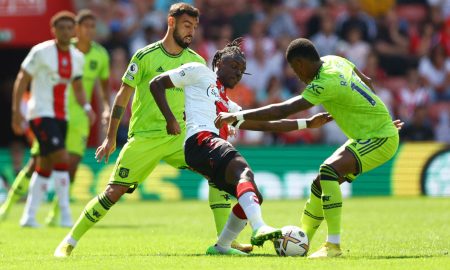Romeo Lavia in action for Southampton against Man United