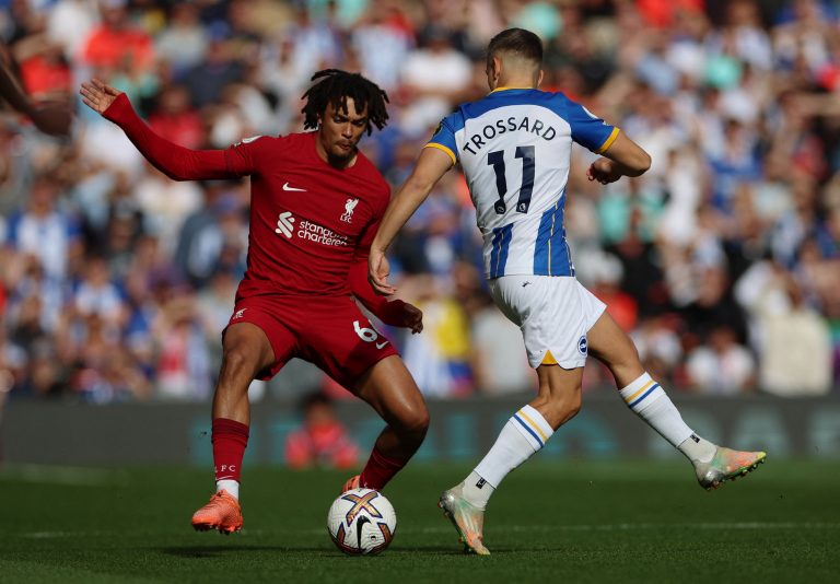 Liverpool's Trent Alexander-Arnold takes on Leandro Trossard
