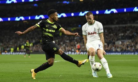 Sporting CP's Marcus Edwards in action with Tottenham