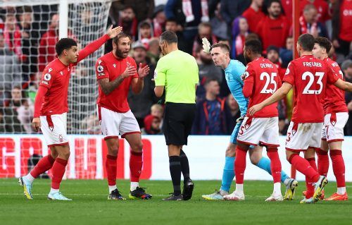 Nottingham Forest players remonstrate with Andre Marriner