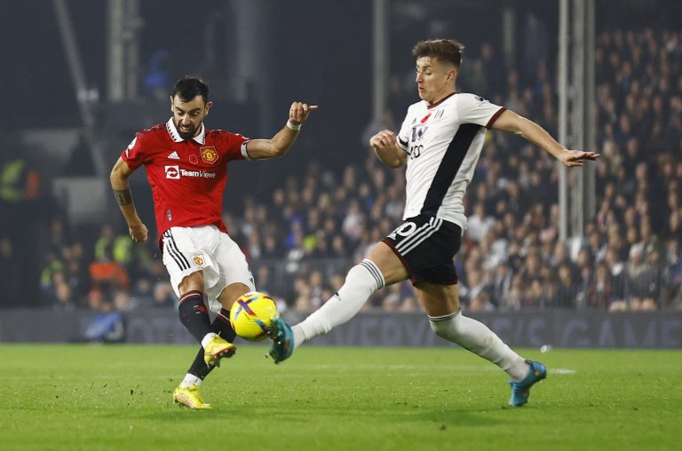 Man United's Bruno Fernandes takes a shot at goal