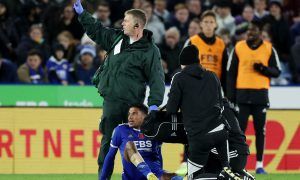 James-Justin-receiving-medical-attention-whilst-in-action-for-Leicester