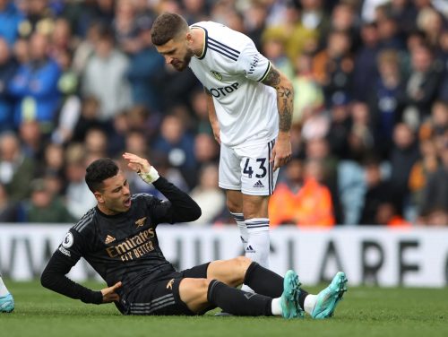 Leeds midfielder Mateusz Klich argues with Gabriel Martinelli