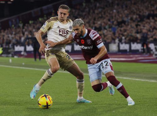 West Ham's Said Benrahma is challenged by Timothy Castagne
