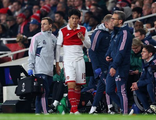 Arsenal's Takehiro Tomiyasu goes off injured