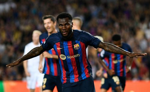 FC Barcelona's Franck Kessie celebrates scoring their first goal
