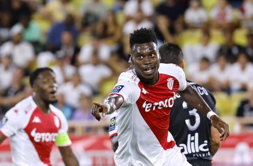 Monaco's Benoit Badiashile celebrates scoring their first goal