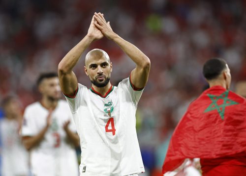 Morocco's Sofyan Amrabat celebrates after the match