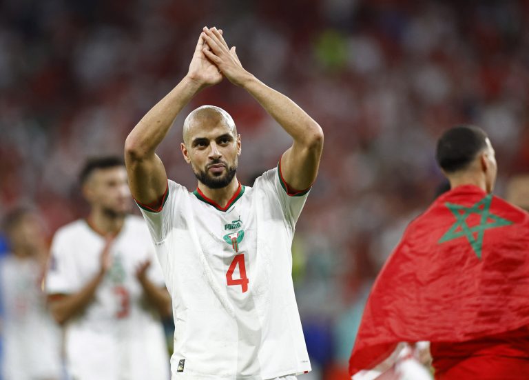 Morocco's Sofyan Amrabat celebrates after the match