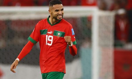 Morocco's Youssef En-Nesyri celebrates scoring their first goal