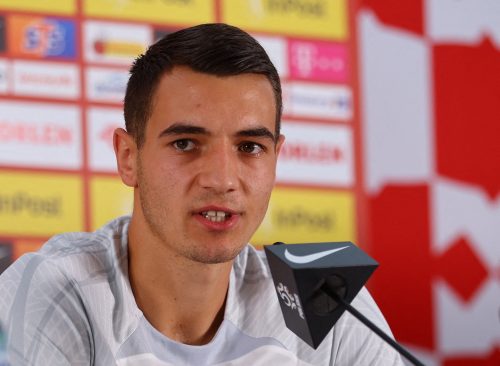 Poland's Jakub Kiwior during the press conference