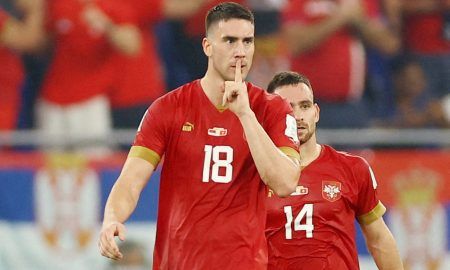Serbia's Dusan Vlahovic celebrates scoring their second goal with Andrija Zivkovic