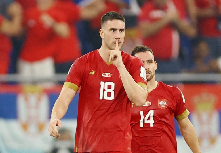 Serbia's Dusan Vlahovic celebrates scoring their second goal with Andrija Zivkovic