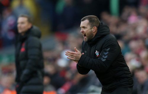 Southampton manager Nathan Jones on the touchline against Liverpool