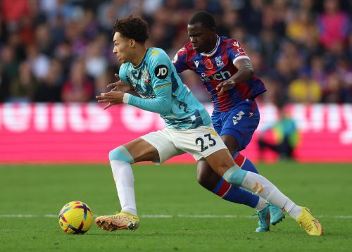 Southampton's Samuel Edozie in action with Crystal Palace's Tyrick Mitchell