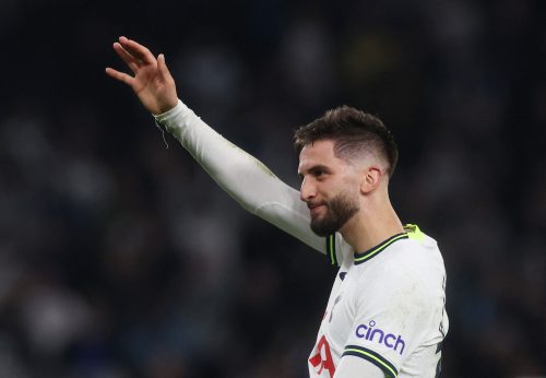 Tottenham Hotspur's Rodrigo Bentancur celebrates after the match against Leeds