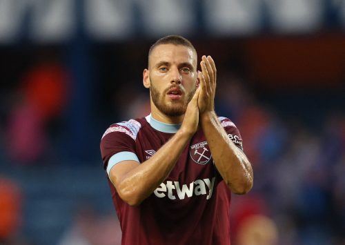 West Ham United's Nikola Vlasic applauds the fans after the match against Rangers