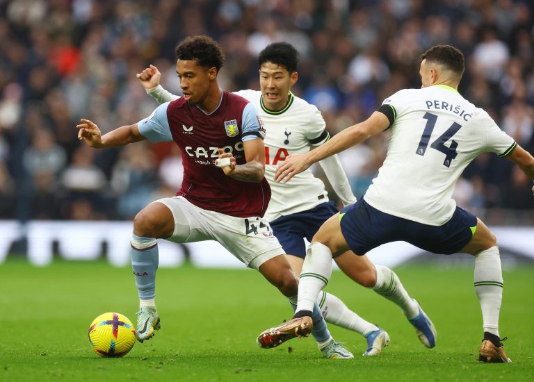Aston Villa's Boubacar Kamara in action with Tottenham Hotspur's Son Heung-min and Ivan Perisic