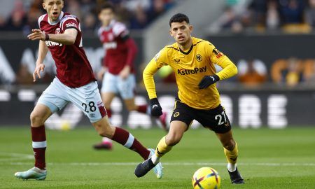 West Ham United's Tomas Soucek in action with Wolverhampton Wanderers' Matheus Nunes