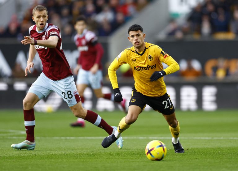West Ham United's Tomas Soucek in action with Wolverhampton Wanderers' Matheus Nunes