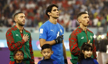 Yassine Bounou during the Morocco national anthem