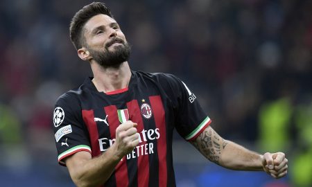 AC Milan's Olivier Giroud celebrates after the match