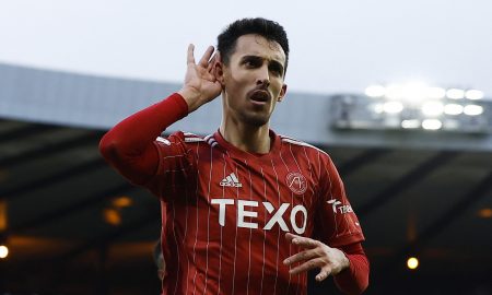 Aberdeen's Bojan Miovski celebrates scoring their first goal