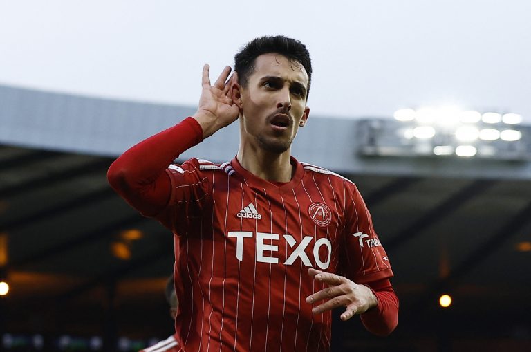 Aberdeen's Bojan Miovski celebrates scoring their first goal