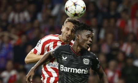 Atletico Madrid's Saul Niguez in action with Bayer Leverkusen's Odilon Kossounou