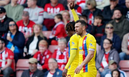 Crystal Palace's Eberechi Eze celebrates scoring their first goal with James McArthur
