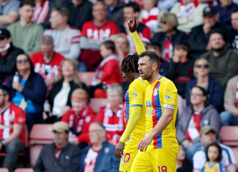 Crystal Palace's Eberechi Eze celebrates scoring their first goal with James McArthur