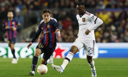FC Barcelona's Gavi in action with Manchester United's Aaron Wan-Bissaka