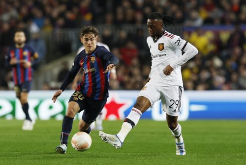 FC Barcelona's Gavi in action with Manchester United's Aaron Wan-Bissaka
