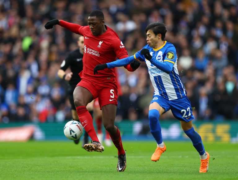 Brighton & Hove Albion's Kaoru Mitoma in action with Liverpool's Ibrahima Konate