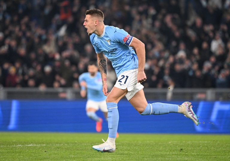 Lazio's Sergej Milinkovic-Savic celebrates scoring their first goal