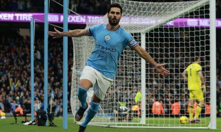 Manchester City's Ilkay Gundogan celebrates scoring their second goal