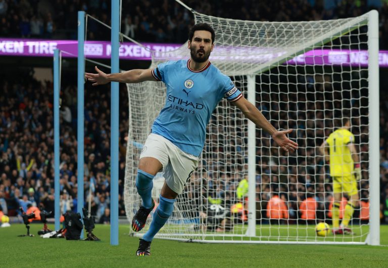 Manchester City's Ilkay Gundogan celebrates scoring their second goal