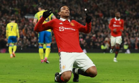 Manchester United's Anthony Martial celebrates scoring their first goal