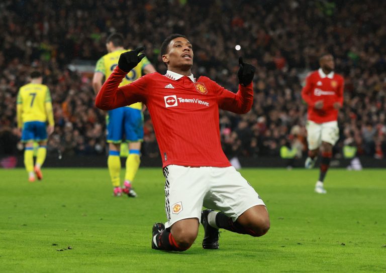 Manchester United's Anthony Martial celebrates scoring their first goal