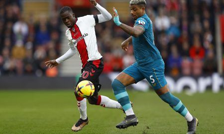 Southampton's Kamaldeen Sulemana in action with Wolverhampton Wanderers' Mario Lemina