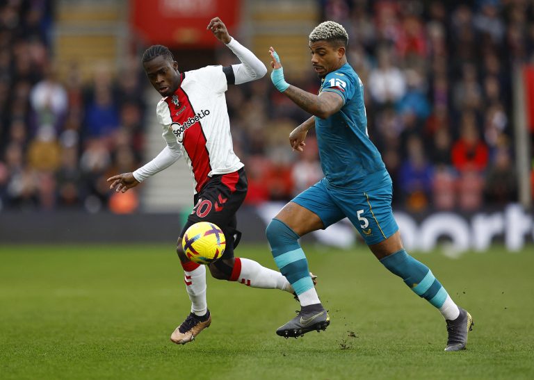 Southampton's Kamaldeen Sulemana in action with Wolverhampton Wanderers' Mario Lemina
