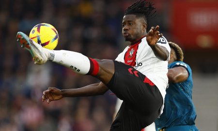 Southampton's Mohammed Salisu in action with Wolverhampton Wanderers' Adama Traore