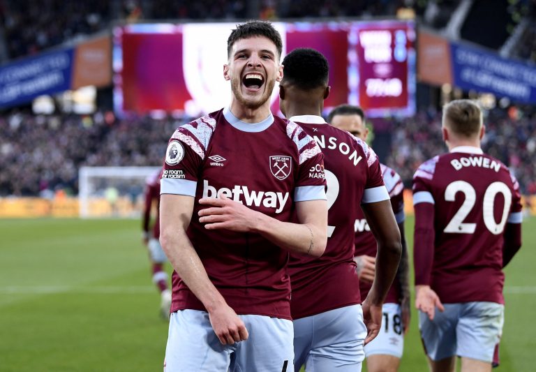 West Ham United's Declan Rice celebrates scoring their third goal