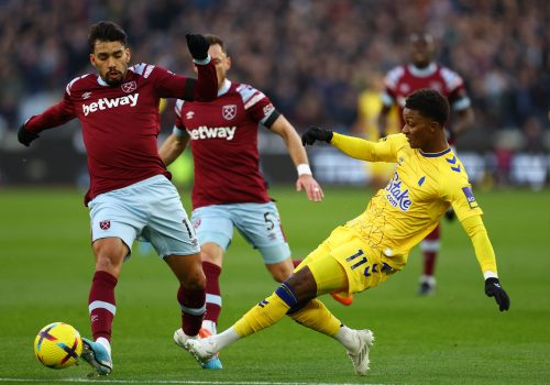 West Ham United's Lucas Paqueta in action with Everton's Demarai Gray